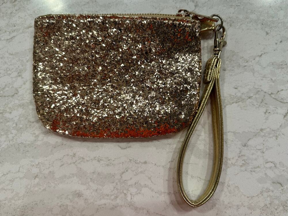 EUC Gold Glitter Wristlet Pouch Clutch, Sparkly Zip Top Metallic Gold